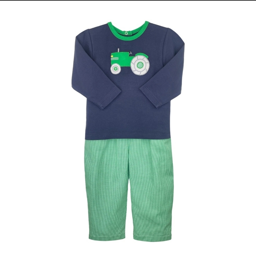 Petit Ami Navy and Green Tractor Applique Top & Pant Set